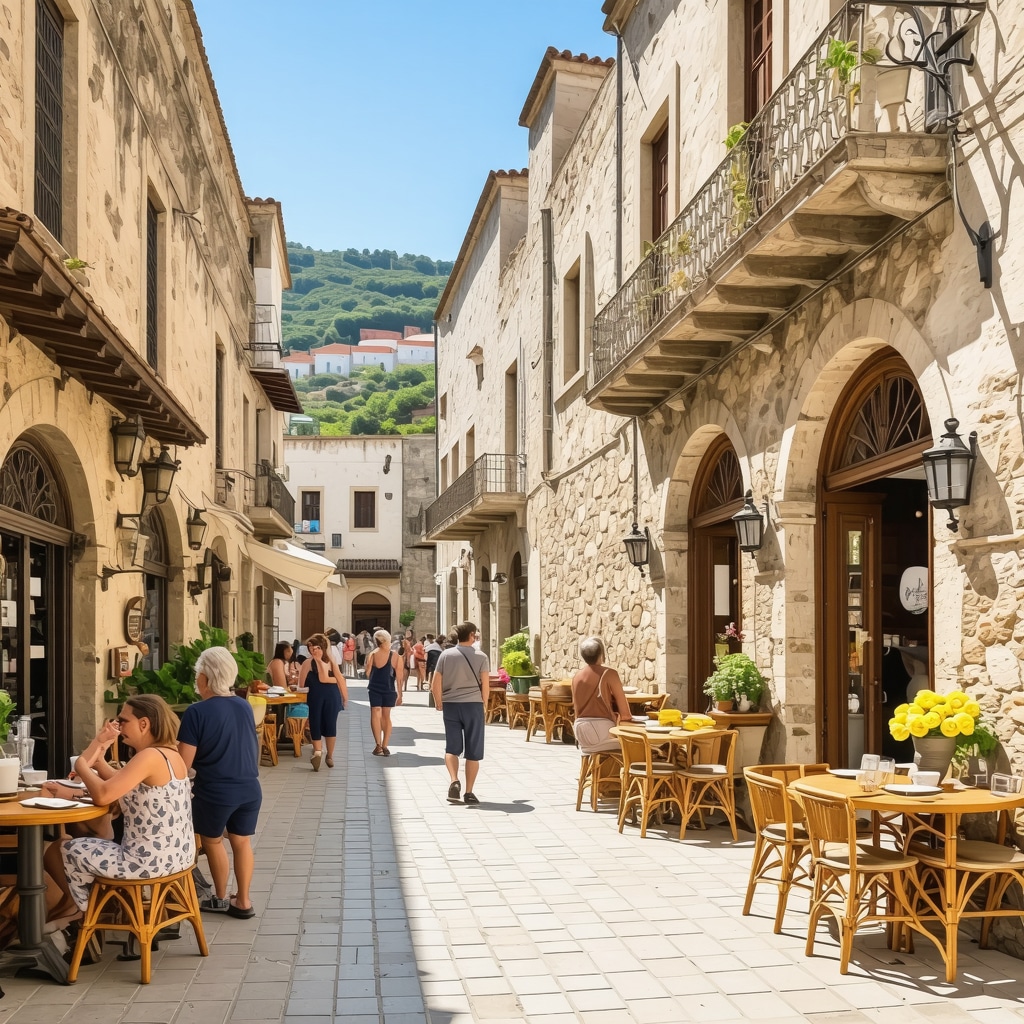 Nafplio street scene with tourists, cafes, and Venetian-Ottoman buildings