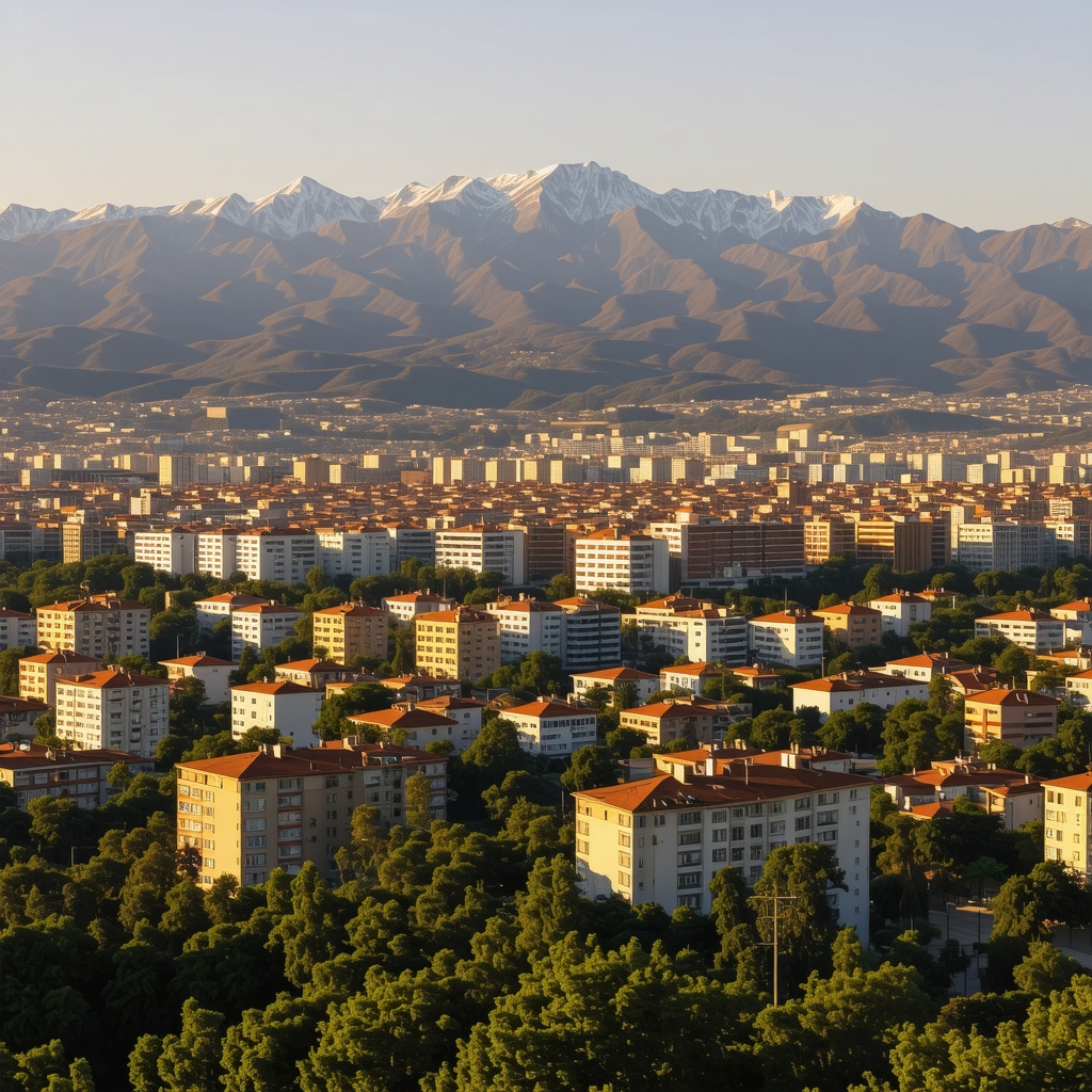 Panoramic view of Tirana with mountains in the background, vibrant city life