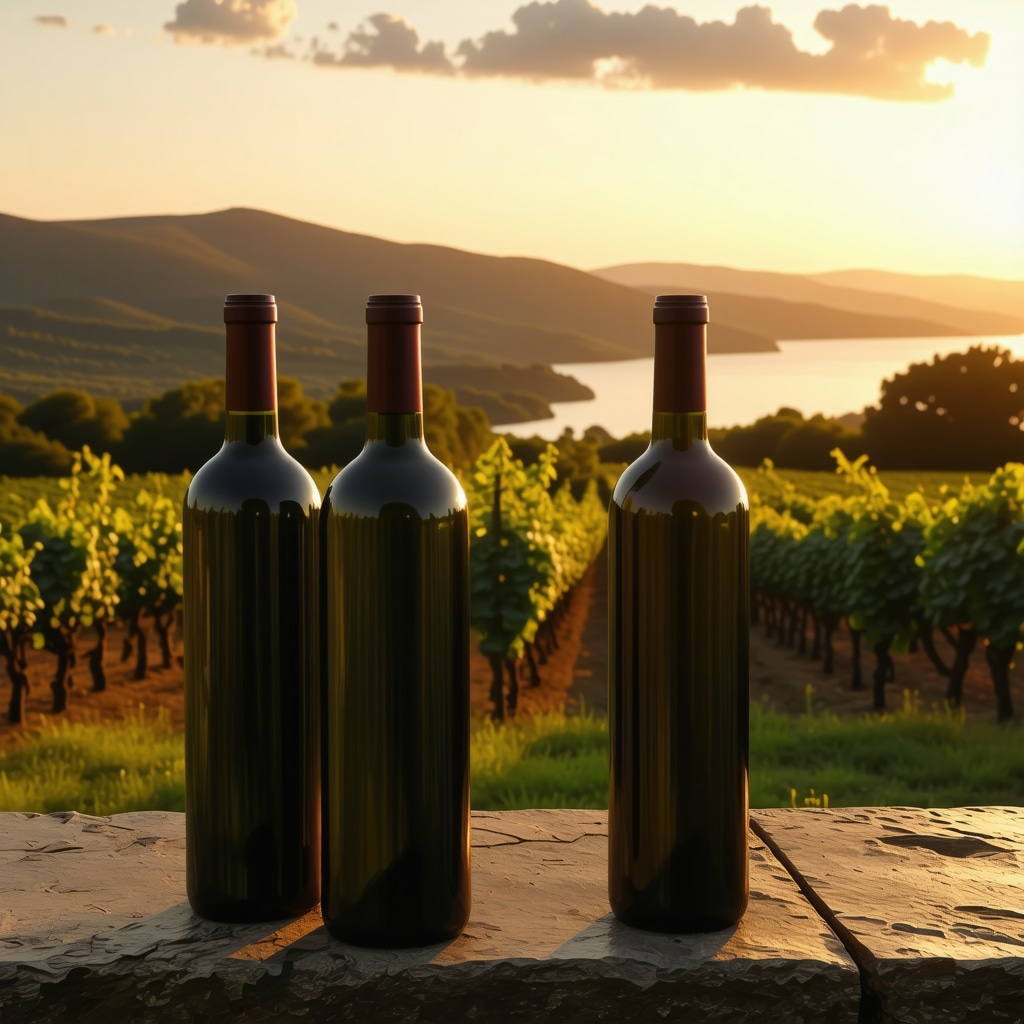 Vase de vin și peisaj de vie dalmatian la apus