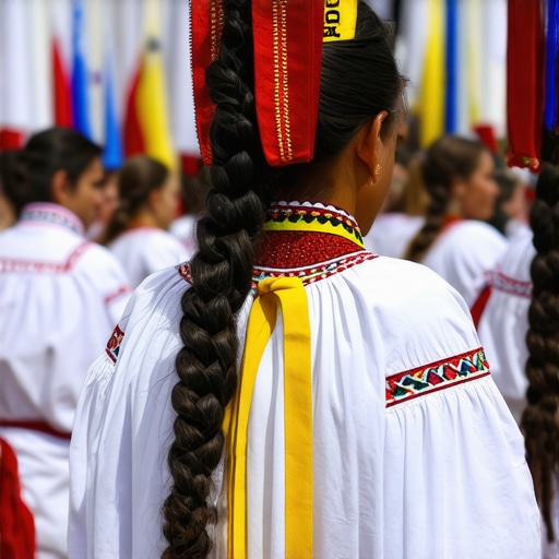 Festive scene with people in traditional Balkan costumes and dancing