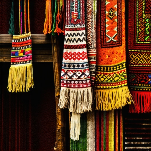 Tânăr meșteșugar bosniac în bazar cu obiecte tradiționale și textile colorate