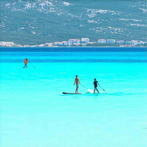 Beaches and Water Sports in Vlorë 2024 Beach with kite-surfers and paddleboarders in Vlorë, Albania, with mountains in the background.