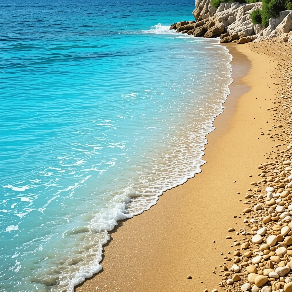 Scenic view of a sunny Bulgarian beach with turquoise water and golden sand, perfect for relaxation.