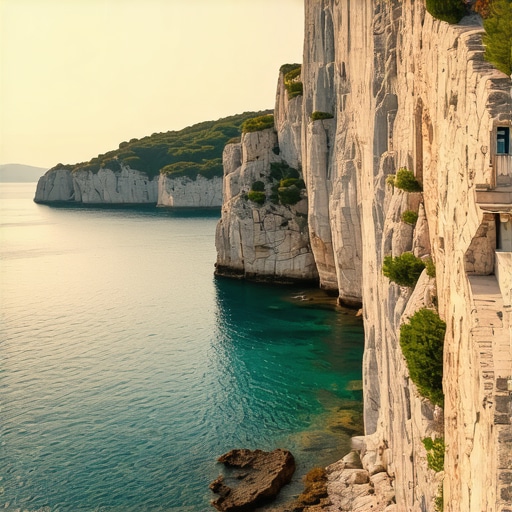 Sunset over the Croatian coast with cliffs and islands