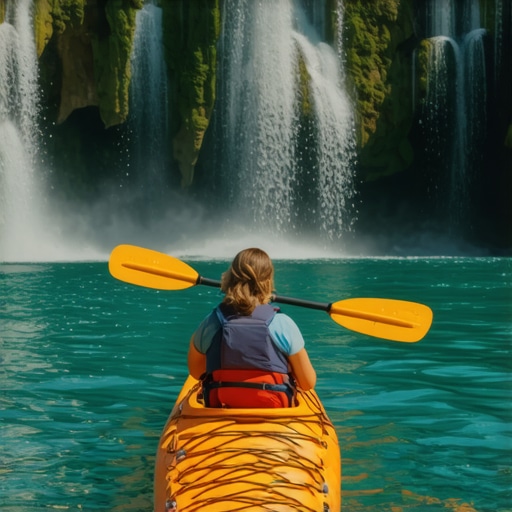 Explorând natură în Krka cu caiacul Persoană în caiac pe râul Krka, cascada în fundal, natură vibrantă