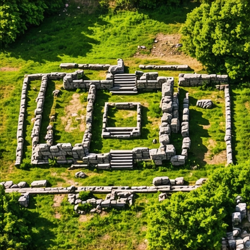 Aerial shot of Balkan archaeological site with ruins and surrounding greenery.