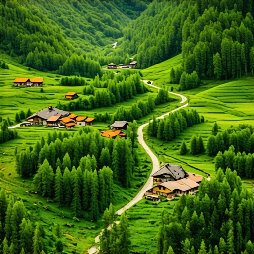 Exploring mountain trails in Tutin A scenic aerial view of mountain trails in Tutin surrounded by greenery and traditional villages