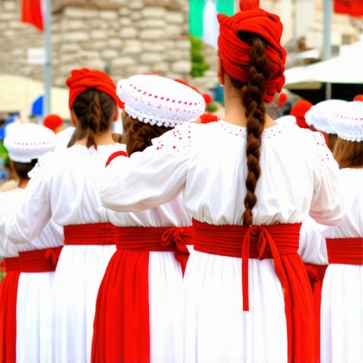 Festival Tradițional Montenegrin 2024 Tineri în costume tradiționale dansând la festivalul din Muntenegru, într-un decor pitoresc