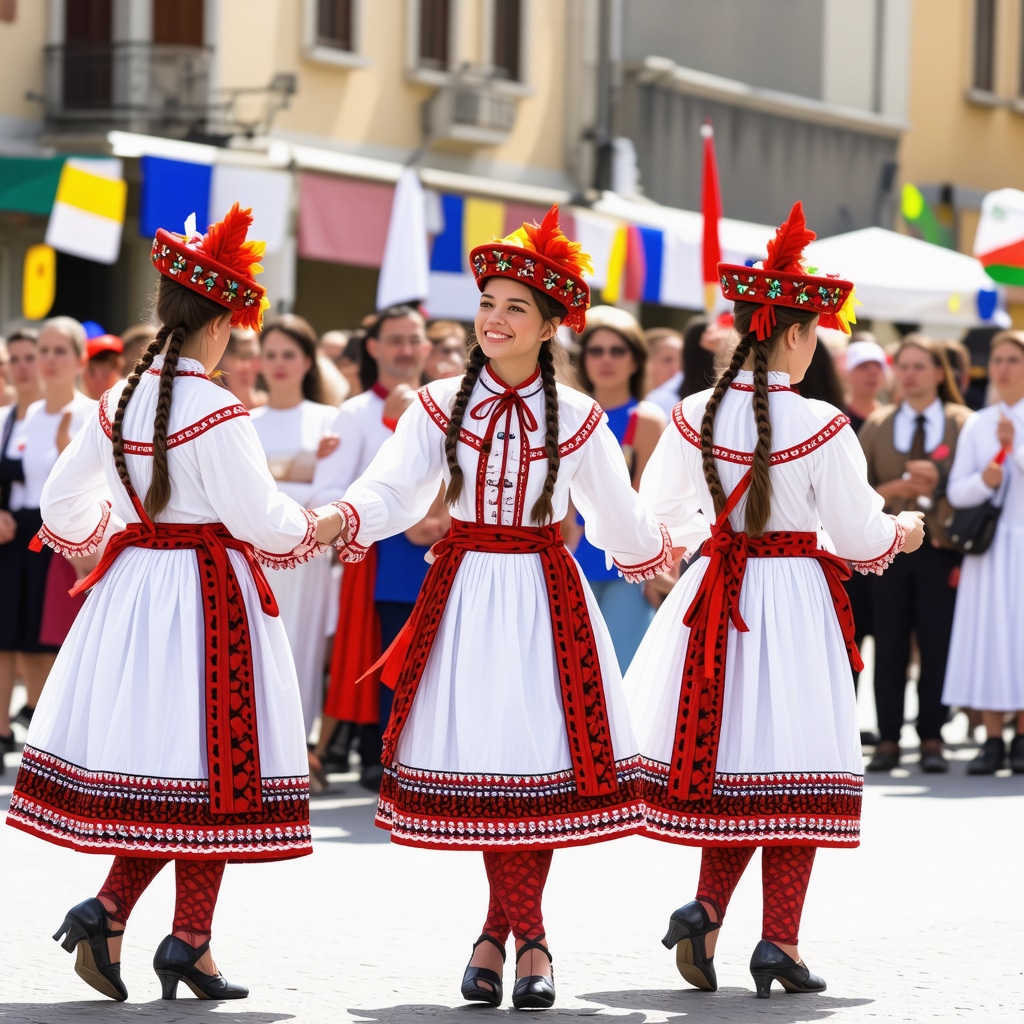 Festival cultural tradițional balcanic cu costume și dansuri vibrante, scenă de stradă plină de viață