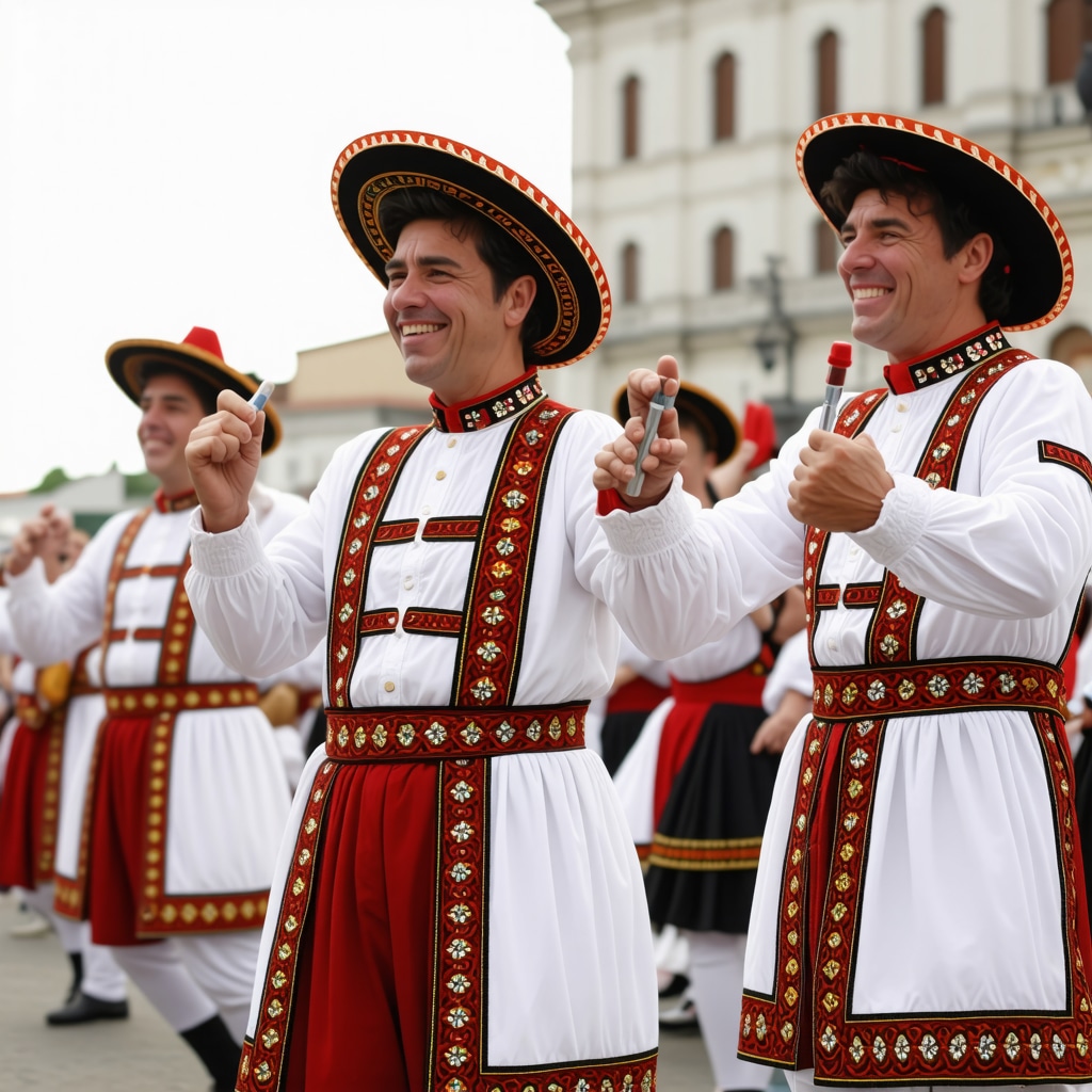 Scene vibrantă de festival cultural balcanic cu costume tradiționale, muzică și dans
