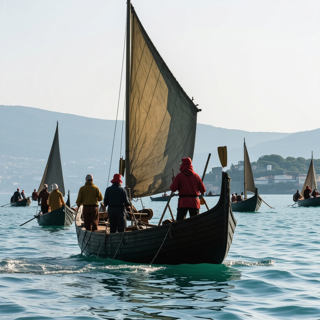 Scene autentică dintr-un festival maritim balcanic cu ambarcațiuni tradiționale și pescari