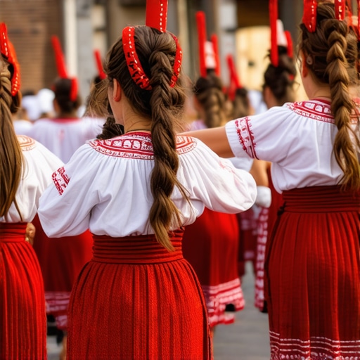 Festival tradițional balcanic 2024 Participanți la festivalul tradițional balcanic cu costume colorate și dansuri