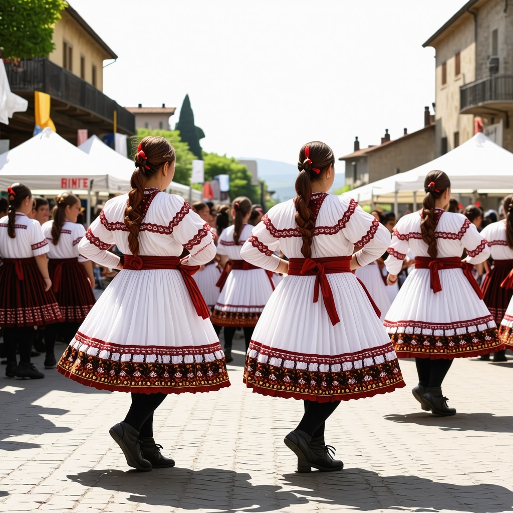 Tineri în costume tradiționale balcanice dansând la festival