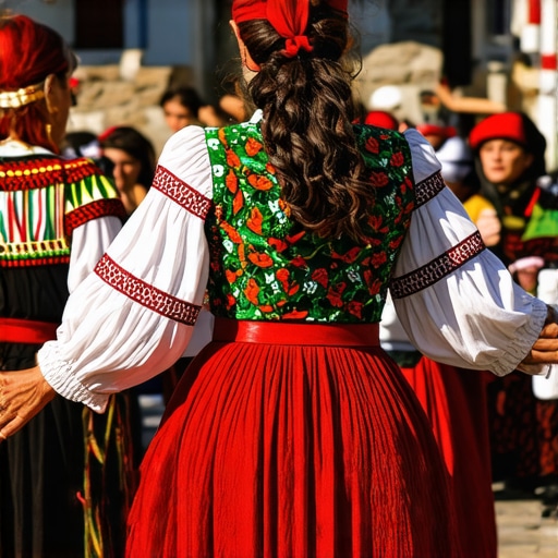Local people in traditional costumes dancing at a festival in Gjirokastër during sunset