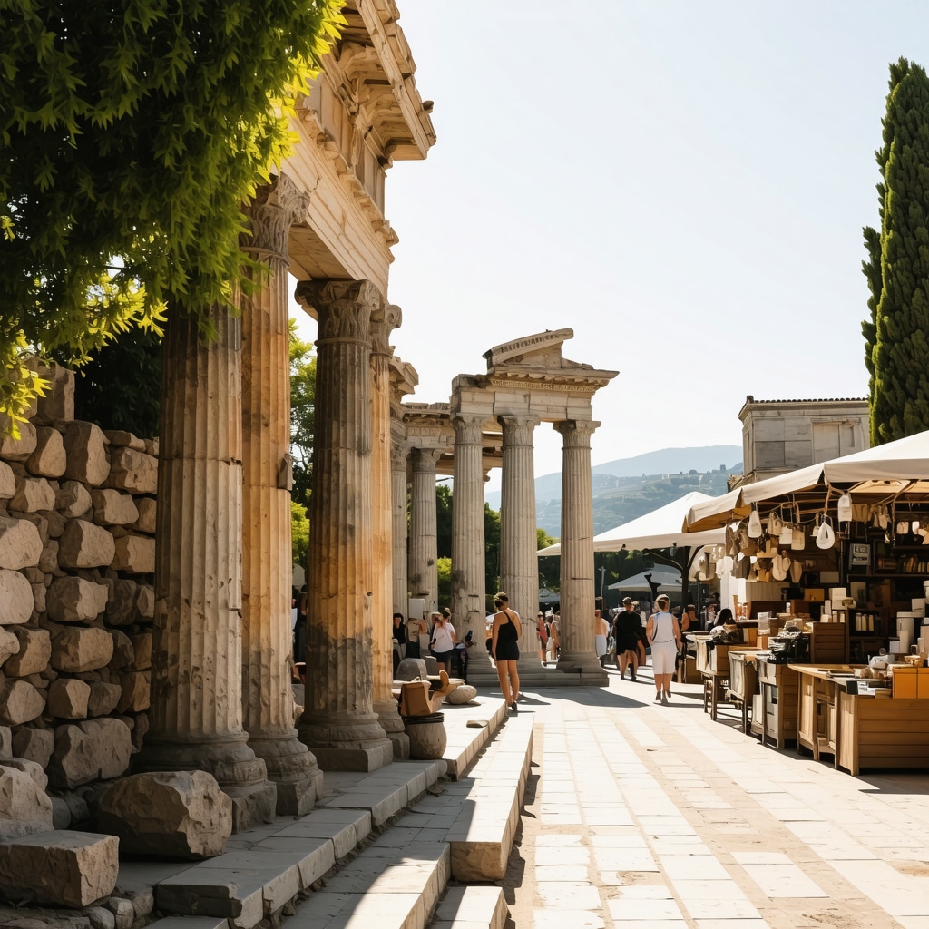 Ancient Greek ruins with local market and vibrant atmosphere