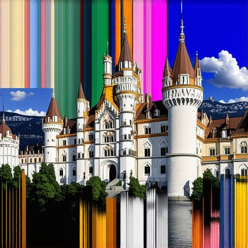 Digital collage of Peleș Castle with modern tech elements, symbolizing cultural innovation