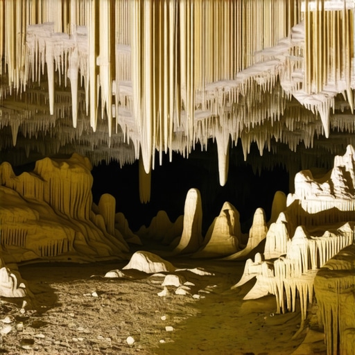 Vedere spectaculoasă în Peștera Postojna cu formațiuni de stalactite și stalagmite, luminată delicat