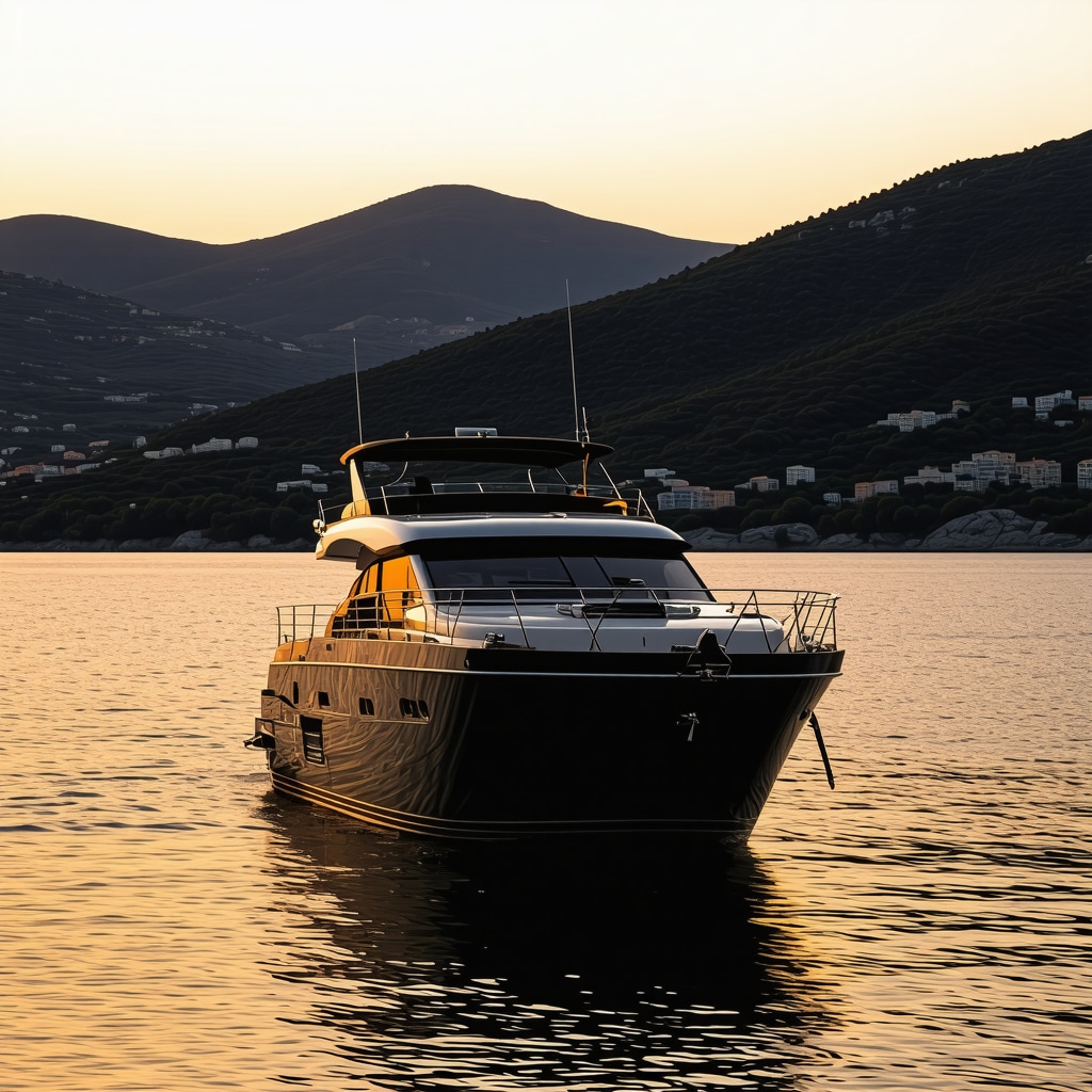 A luxurious yacht at sunset in Tivat's bay, epitomizing exclusivity and elegance