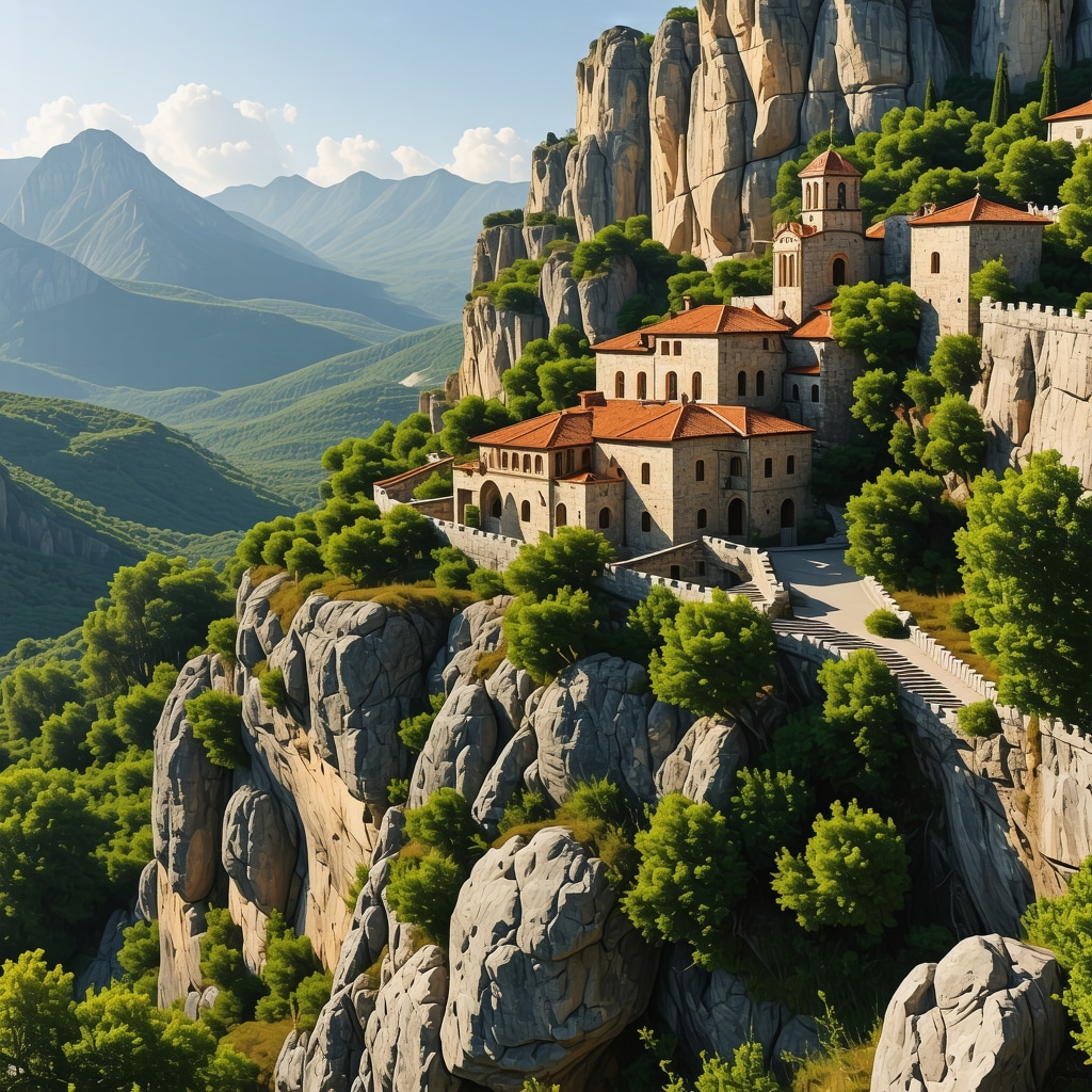 Mănăstire veche pe stâncă cu peisaje montane în jur, simbol al tradiției și spiritualității din Kalambaka.