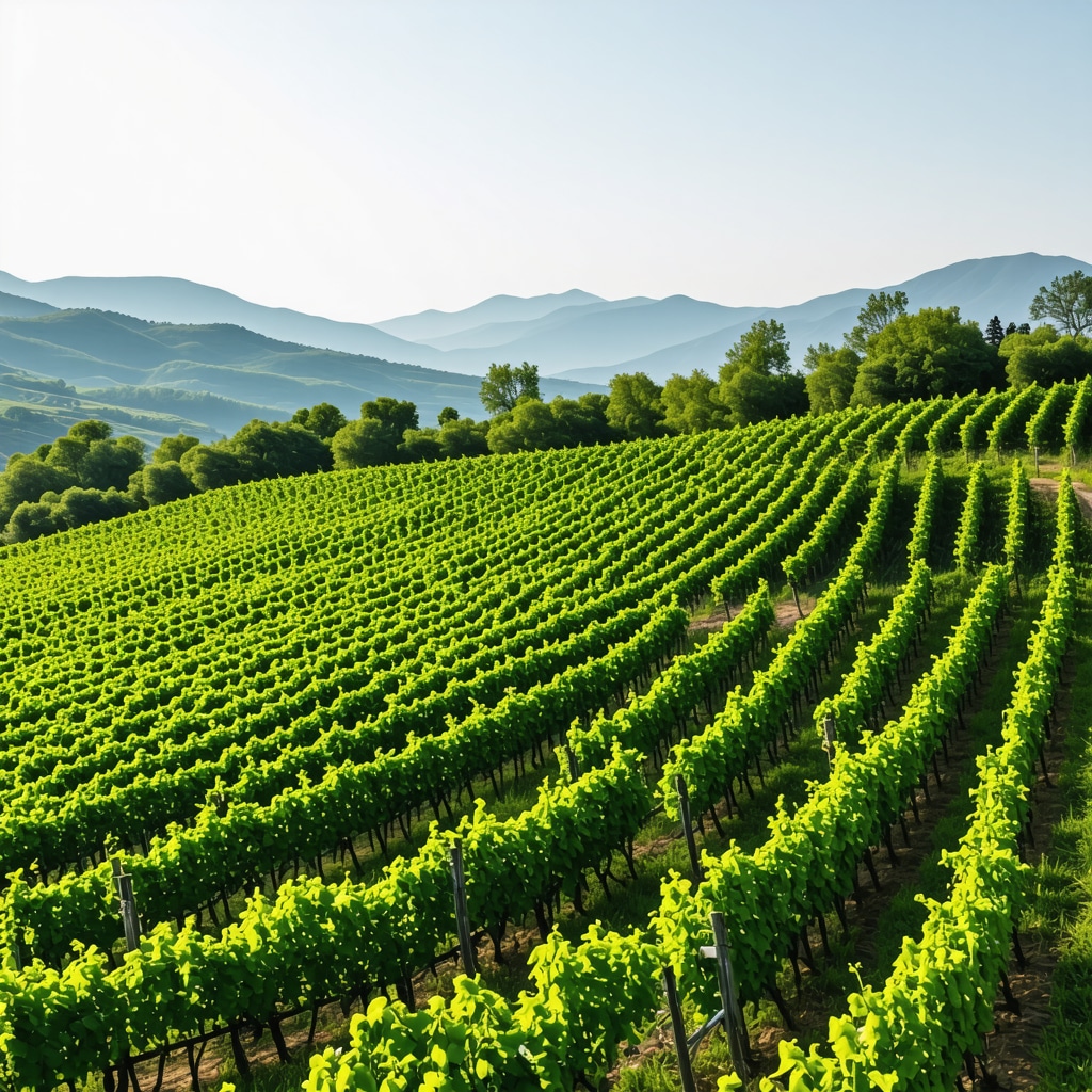 Lush vineyard in Melnik with mountain scenery and modern wine equipment