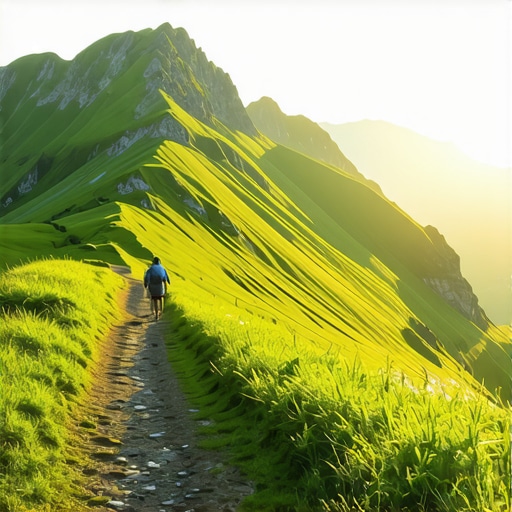 Hikers on a mountain trail at sunrise in the Balkan region