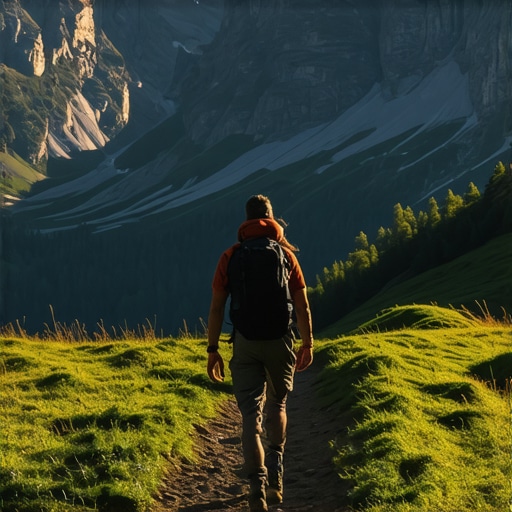 Mountain trail in the Balkans at sunrise Hiker trekking on a stunning mountain trail in the Balkans during sunrise, with majestic peaks in the background