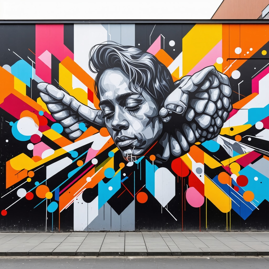 Mural vibrant de street art în centrul Belgradului, reprezentând modernitatea și tradiția