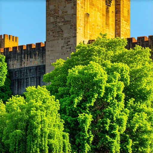 Vedere panoramică a cetății Smederevo cu Dunărea în fundal, într-o zi senină de primăvară