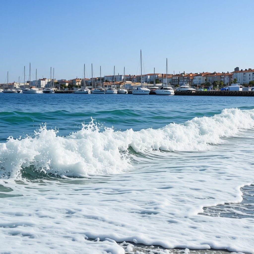 Panoramic view of Mamaia coast with waves and marina