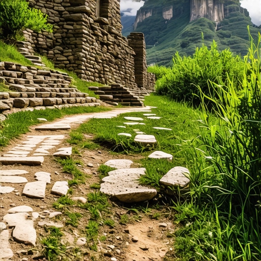 Scenic mountain trail with archaeological sites and lush landscape.