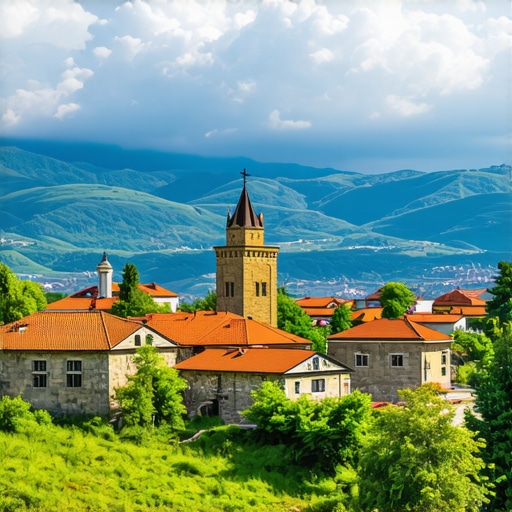 Gjakova cityscape with historic buildings and mountain backdrop, vibrant and detailed