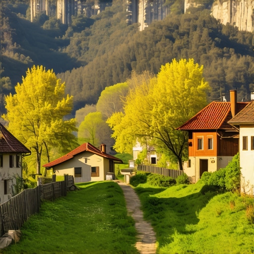 Scenic panorama of Knjaževac mountains and traditional village in spring