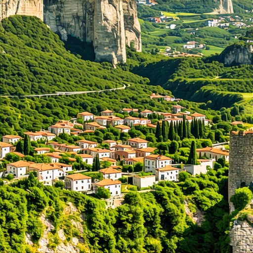 Peisaj aerian al Herzegovinei cu situri istorice Imagine aeriană a peisajului montan din Herzegovina cu situri istorice și vegetație luxuriantă