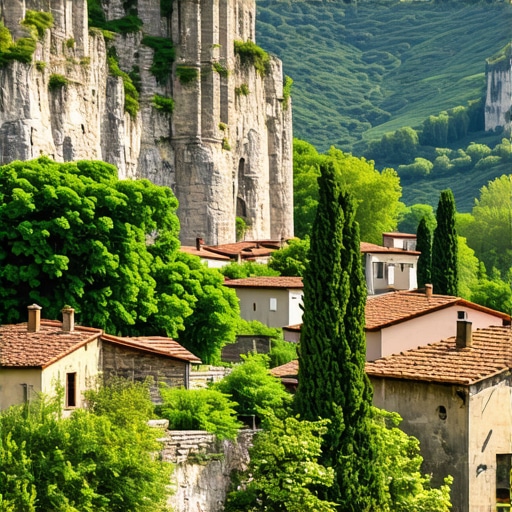 Peisaj autentic bosniac în Blagaj, Bosnia, 2024 Peisaj tradițional bosniac cu case vechi și natură luxuriantă în Blagaj, Bosnia, în 2024