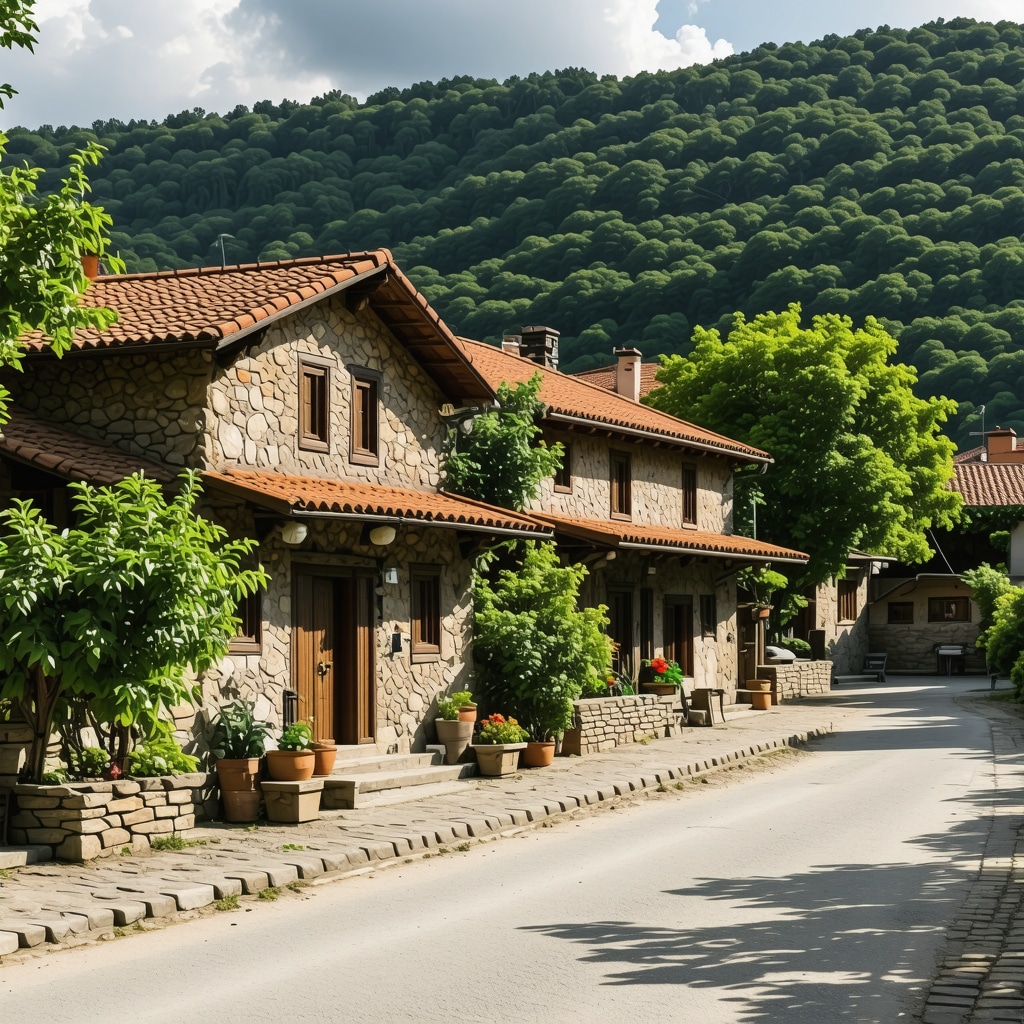 Sat tradițional balcanic cu case colorate și peisaje montane