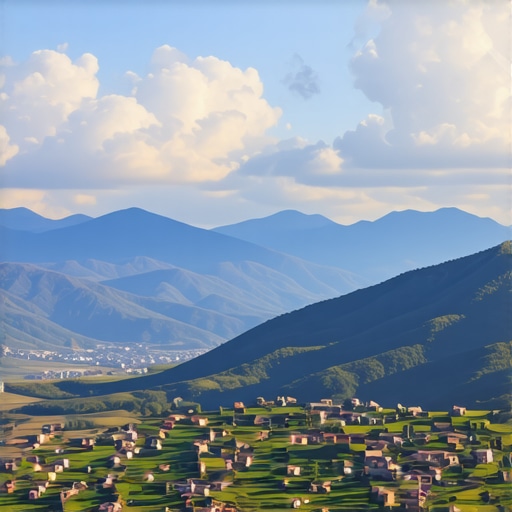 Peisaj balcanic autentic Peisaj montan cu case tradiționale și peisaje naturale spectaculoase