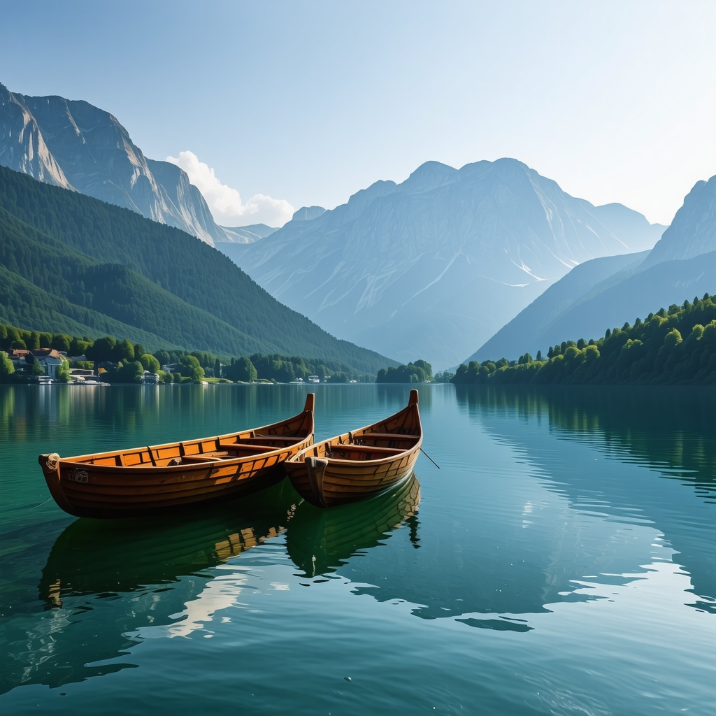 Lac din Slovenia cu munți înzăpeziți și barcă tradițională pe apă