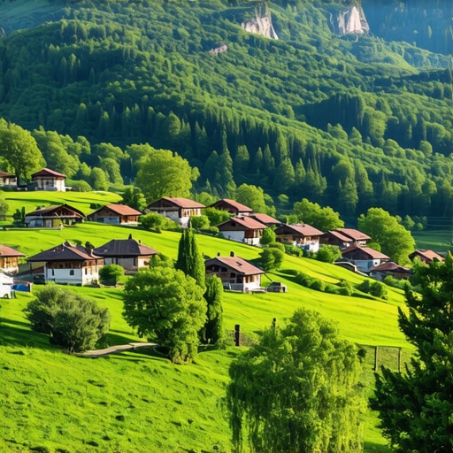 Peisaj montan balcanic cu sat tradițional și natură luxuriantă Peisaj montan balcanic cu sat tradițional și peisaje naturale