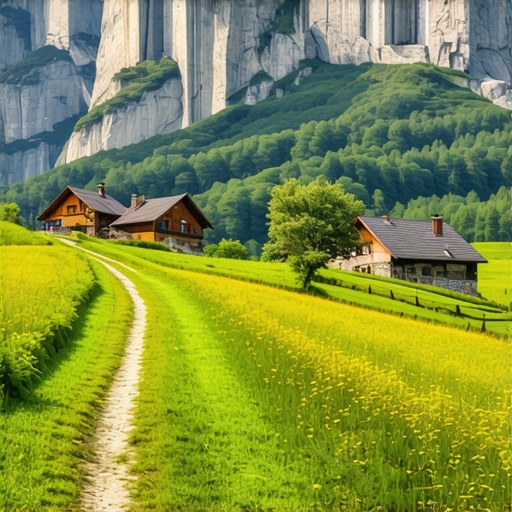 Peisaj montan balcanic cu traseu de drumeție și sat tradițional Peisaj montan cu traseu de drumeție și sat tradițional din Balcani