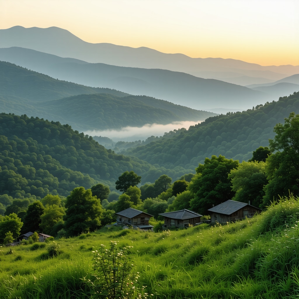 Peisaj montan spectaculos balcanic cu sate tradiționale și vegetație luxuriantă