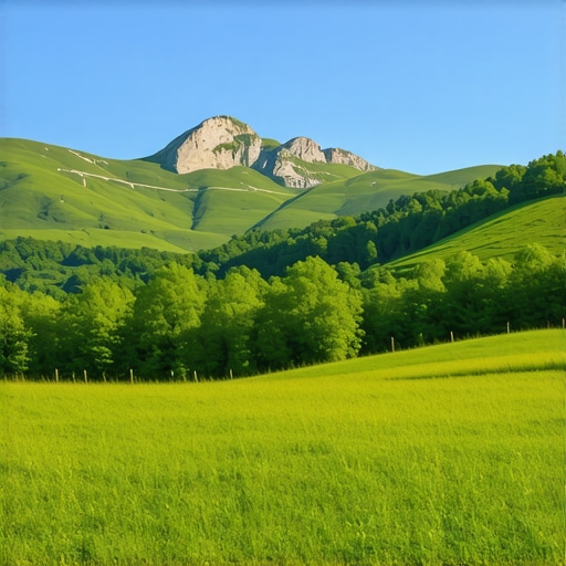 Vedere panoramică a unui peisaj montan balcanic cu munți acoperiți de vegetație și cer senin