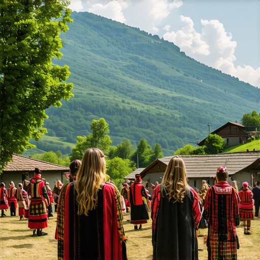 Peisaj montan bosniac cu sat tradițional și festival cultural