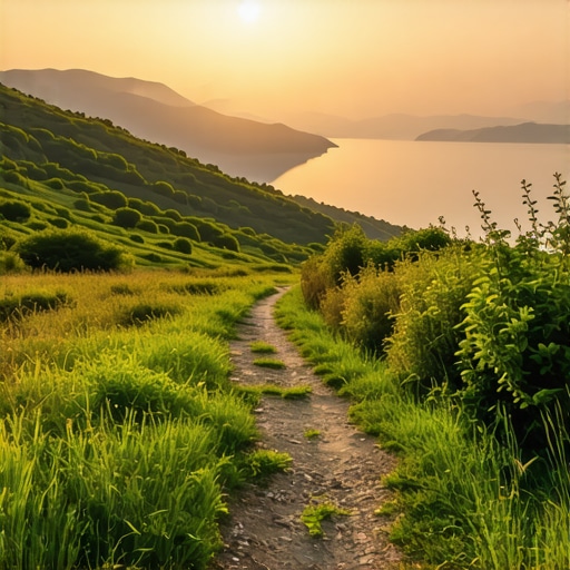 Peisaj montan spectaculos deasupra Lacului Ohrid la apus Traseu montan spectaculos cu vedere spre Lacul Ohrid în timpul apusului, natură luxuriantă, cer clar