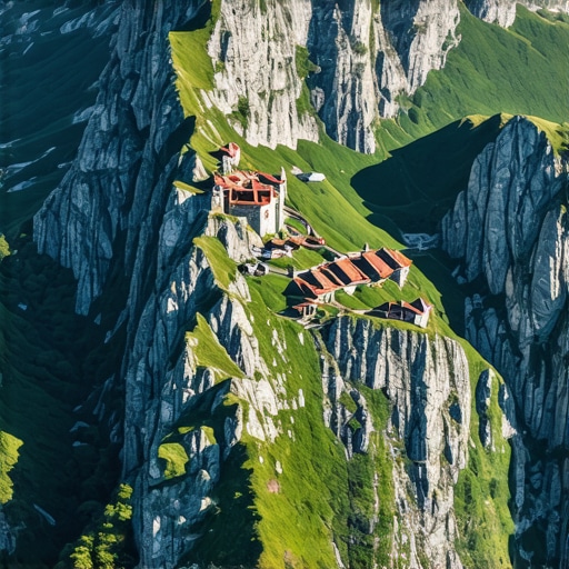 Vedere aeriană a munților Balcani și situri istorice