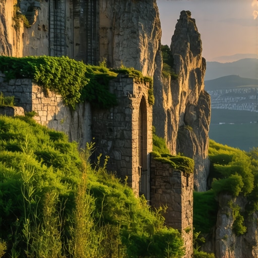 Vedere panoramică a ruinelor antice în munții Balcanici la apus