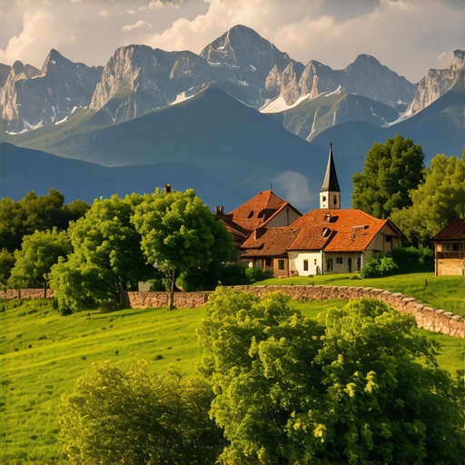 Peisaj montan balcanic cu sate tradiționale și peisaje naturale