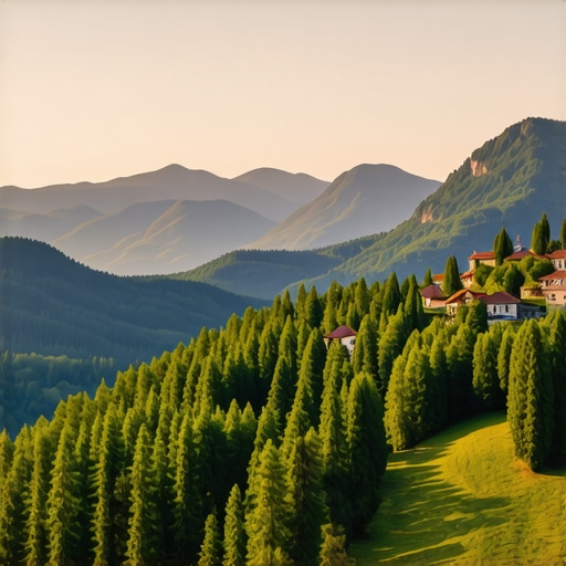 Peisaj vibrant al Balcanilor cu munți, păduri și sate tradiționale Peisaj spectaculos al munților și satelor tradiționale din Balcani