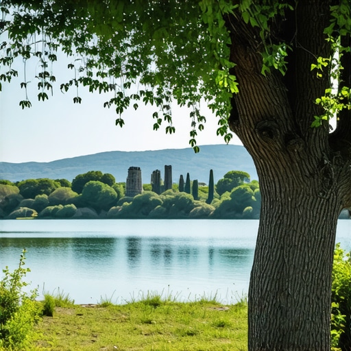 Peisaj natural al lacului Butrint cu ruine antice și vegetație luxuriantă