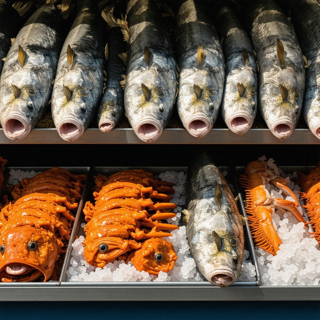 Vibrant seafood market in Piran with fresh fish and local delicacies on display