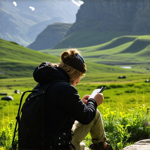 Traveler reflecting with journal and mountain scenery